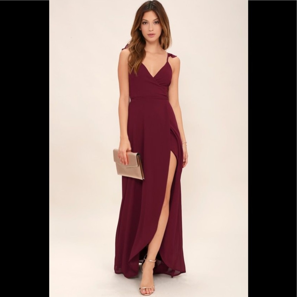 Lulu’s Here's to Us Burgundy High-Low Wrap Dress (XS)